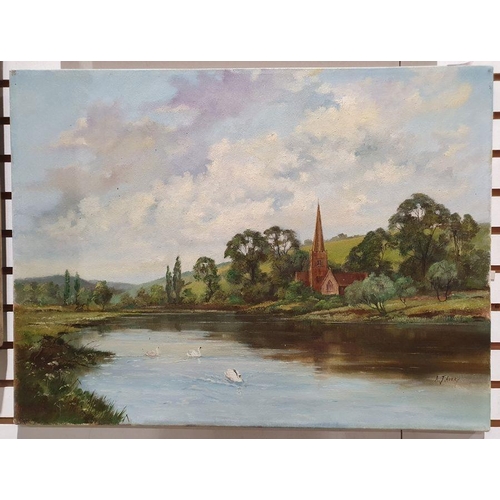 359 - J Avery (20th century)
 Oil on canvas
 River scene with swans and church in background, signed lower... 