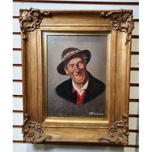 362 - J W Giles 
 Oil on board
 Portrait study of a jovial elderly gentleman signed lower right, framed an... 