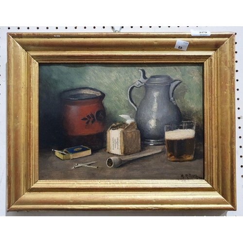 370 - A Robert (20th century)
 Oil on canvas
 Still life with pewter tankard, clay pipe, tobacco and glass... 