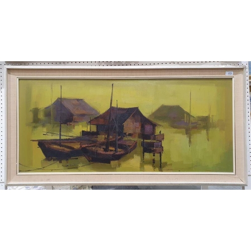 373 - 20th century school (possibly Vietnamese)
 Oil on board
 River scene with dwellings and boats, indis... 