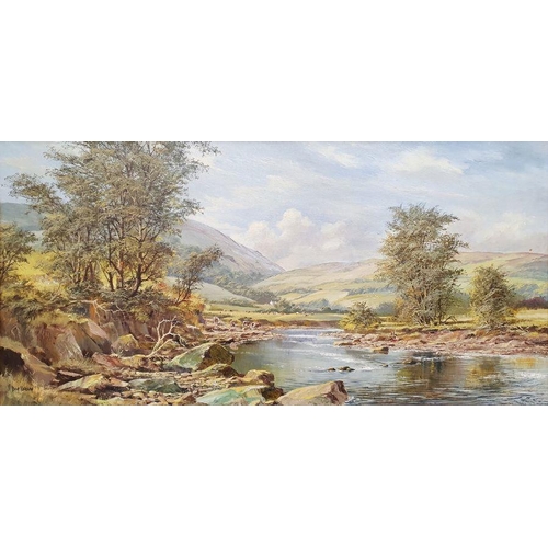 374 - Don Vaughan (1916-2005?)
 Oil on canvas
 Extensive river landscape with cattle watering and hill bey... 