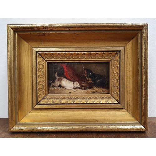 377 - Unattributed 19th century 
 Oil on panel
 Miniature painting of two dogs, unsigned, framed, 5.5cm x ... 