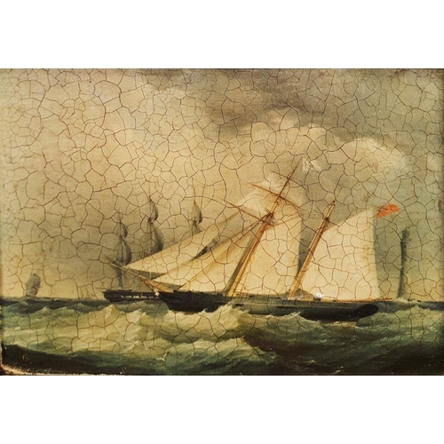 378 - 19th century English School
 Oil on canvas
 Maritime scene with a two-masted schooner and a lighthou... 