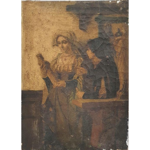 381 - 19th century school
 Oil on canvas 
 Study of figure holding statue, unsigned, 40cm x 29cm