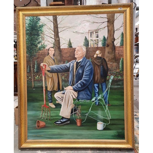 388 - Andy Danks (20th century) 
 Oil on canvas
 Elderly gentleman seated in a garden holding a garden for... 