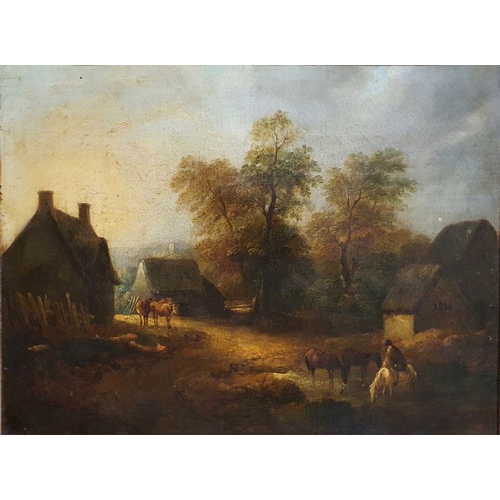 390 - 19th century school
 Oil on canvas 
 Farmyard scene depicting horses watering at pond in foreground,... 