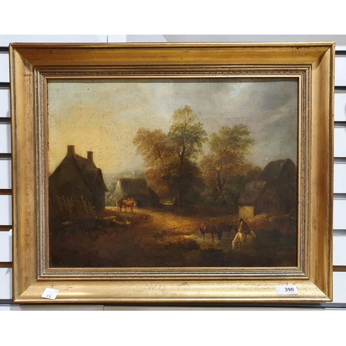 390 - 19th century school
 Oil on canvas 
 Farmyard scene depicting horses watering at pond in foreground,... 