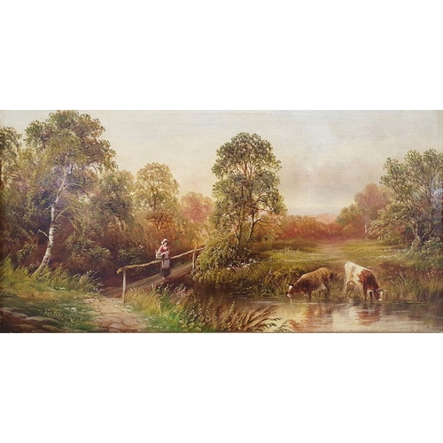 392 - 19th century school 
 Oil on canvas 
 Landscape with cattle watering at stream, with female figure w... 