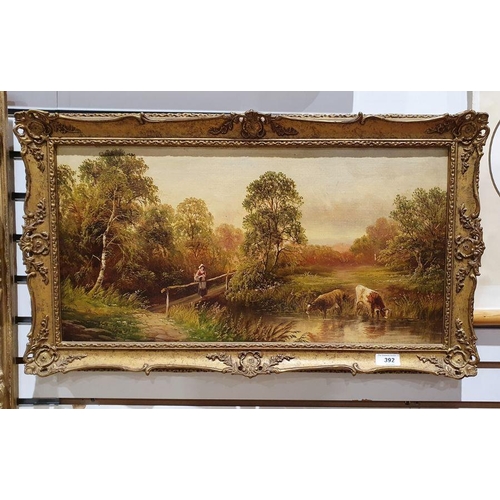 392 - 19th century school 
 Oil on canvas 
 Landscape with cattle watering at stream, with female figure w... 