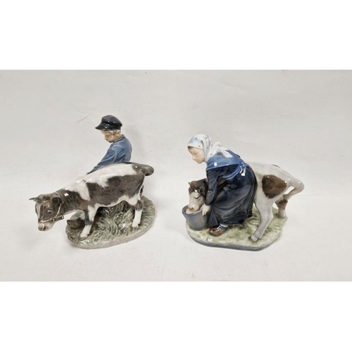 50 - Royal Copenhagen porcelain model of a milkmaid and another of a farmer with cow, printed blue and gr... 