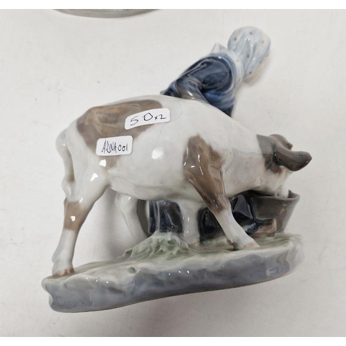 50 - Royal Copenhagen porcelain model of a milkmaid and another of a farmer with cow, printed blue and gr... 