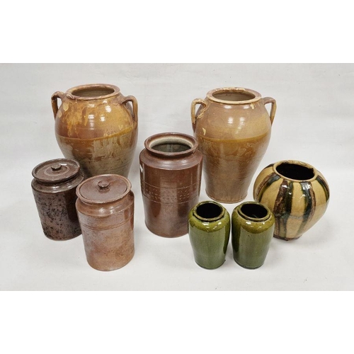 62 - Group of stoneware storage jars and vases, 19th century and later, including two two-handled amphora... 