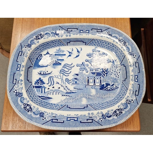 8 - Seven Staffordshire ironstone blue and white transfer printed Willow pattern meat dishes, of shaped ... 