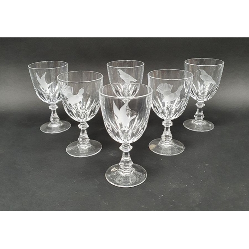 88A - Group of glassware to include six wine glasses engraved with game birds, six cut glass flutes, six w... 