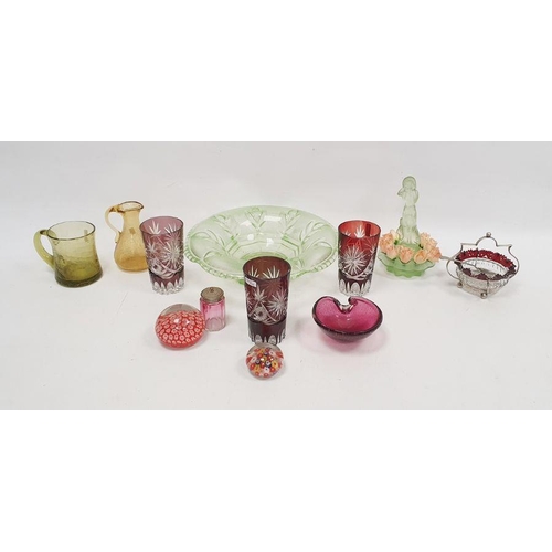 91 - Quantity of carnival glass, a Murano-style cranberry coloured glass bowl with internal bubble patter... 