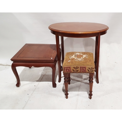 1101 - Modern Eastern hardwood square occasional table together with a upholstered stool and a oval tow-tie... 