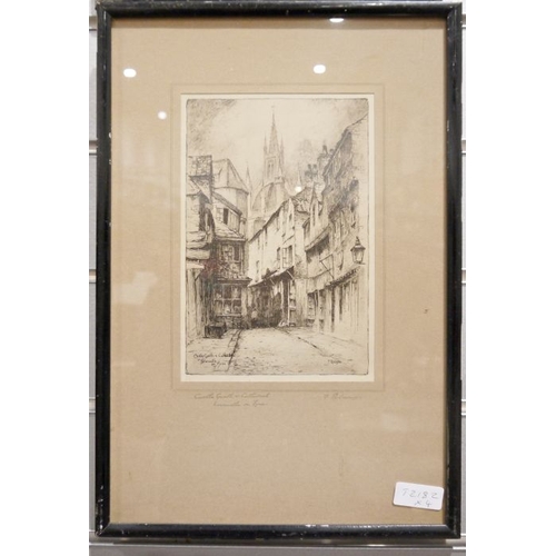 396a - Etchings after F. Robson to include: Truro Cathedral, York Minister from Petergate, Castle Garth and... 