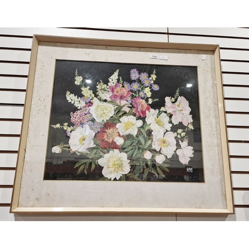 397 - Paper collage of flowers, to include peonies, primula, scabious on a black ground, indistinct signat... 