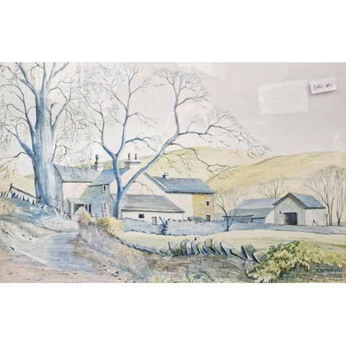 401 - B Owland 
 Watercolours 
 Rustic village scene with bridge over stream 
 Rustic scene with farmhouse... 