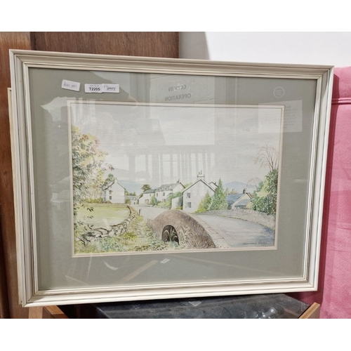 401 - B Owland 
 Watercolours 
 Rustic village scene with bridge over stream 
 Rustic scene with farmhouse... 