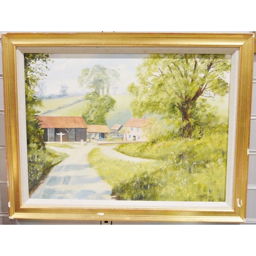 408 - J E Halliday (20th century) 
 Oil on board
 Rural landscape with dwellings, signed and dated 1983 lo... 