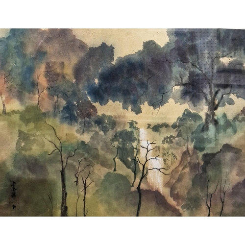 345A - Japanese school (20th century) 
 Watercolour
 Forest scene with waterfall, indistinctly signed and s... 