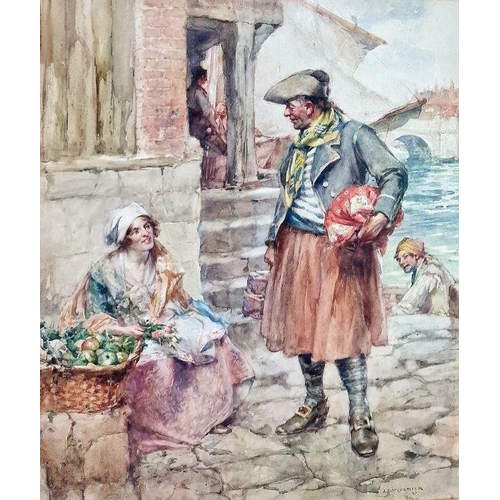 57 - Arthur David McCormick (1860-1943) 
 Watercolour drawing 
 Continental quayside scene with sailor we... 