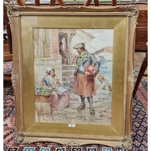 57 - Arthur David McCormick (1860-1943) 
 Watercolour drawing 
 Continental quayside scene with sailor we... 