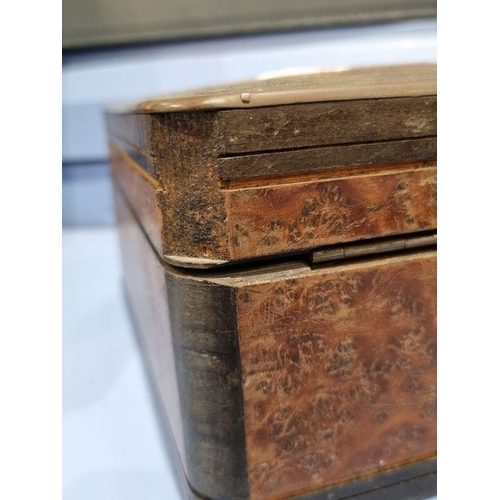 1006 - Collection of four wood and other boxes to include a burr maple veneered sewing box of square form, ... 