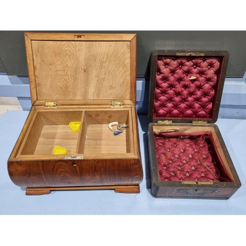 1006 - Collection of four wood and other boxes to include a burr maple veneered sewing box of square form, ... 