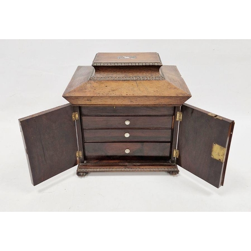 1012 - Victorian rosewood jewellery sewing box adorned with mother-of-pearled inlay, scrolling foliate moti... 