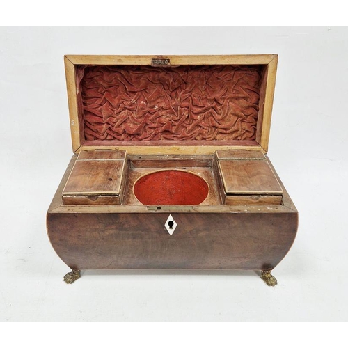 1013 - 19th century mahogany sarcophagus-shaped tea caddy with inlaid decoration, the lid opening to reveal... 