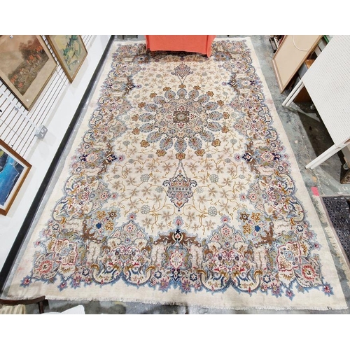 1026 - Central Persian Kashan cream ground carpet with large central floral medallion enclosed by hanging b... 