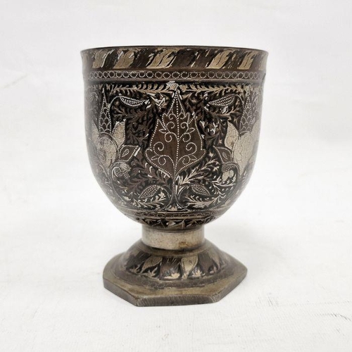 106 - Asian niello and white metal footed vase, decorated with stylised flowerheads on a ground of continu... 