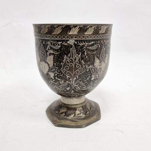 106 - Asian niello and white metal footed vase, decorated with stylised flowerheads on a ground of continu... 