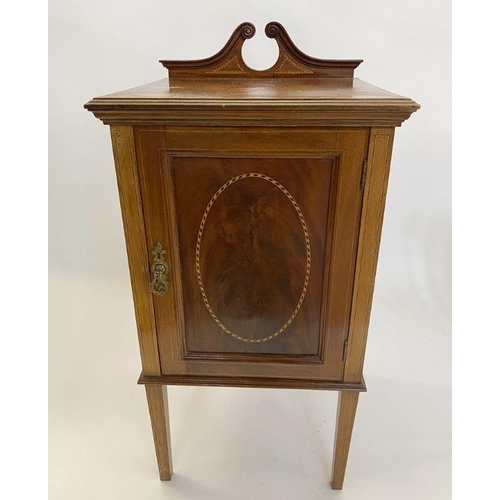 1141 - Edwardian inlaid mahogany pot cupboard having double swan neck pediment, framed panel door, all with... 