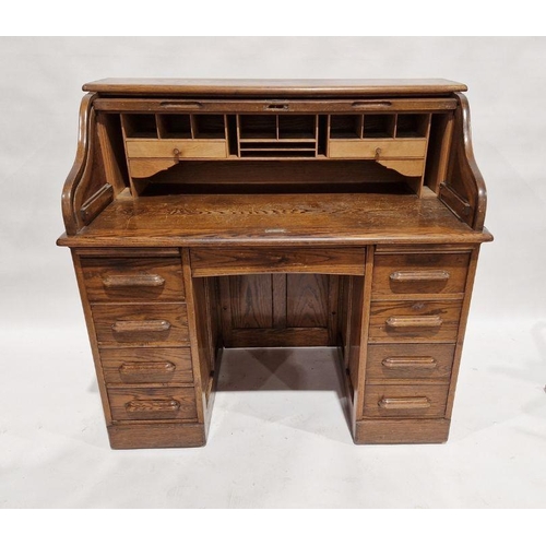 1166 - Early 20th century oak roll top desk, 103cm high x 120cm wide x 64cm deep