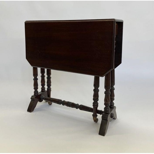 1167 - Mahogany Sutherland table, rectangular with cut-off corners, on ring turned supports, opening to 70c... 