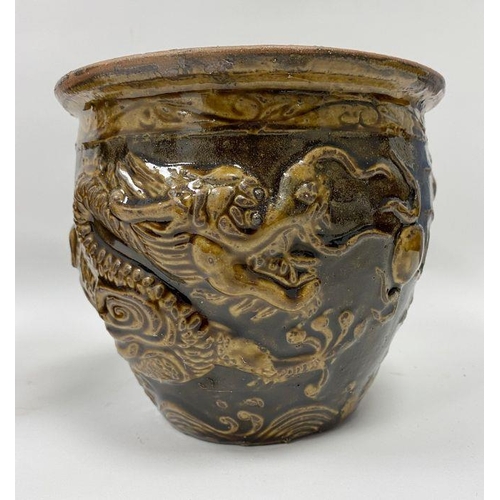 117 - Two matched Chinese dragon decorated jardinieres, brown glaze, 15.5cm high and 19cm in diameter