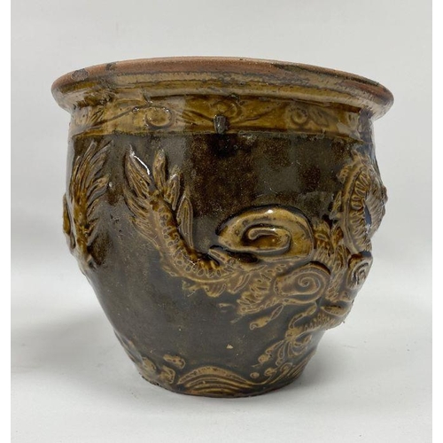 117 - Two matched Chinese dragon decorated jardinieres, brown glaze, 15.5cm high and 19cm in diameter