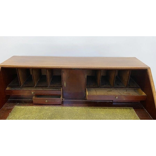 1181 - George III mahogany bureau, the fall front enclosing fitted interior with pigeonholes, drawers and c... 