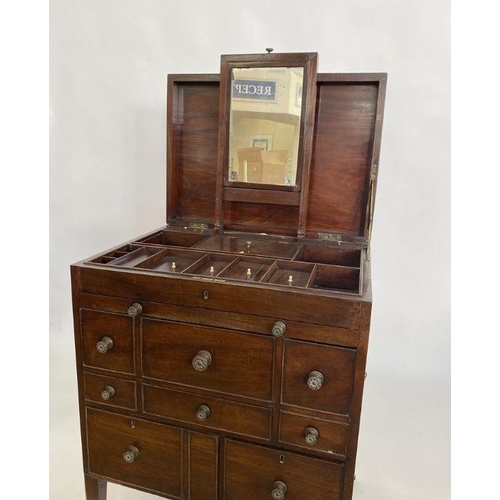 1188 - Georgian mahogany campaign writing/vanity cabinet, the lift-up top revealing compartments and mirror... 