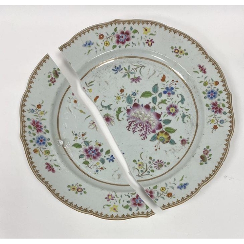 119 - Chinese famille rose dish (repaired), 31cm diameter and another Chinese famille rose dish (broken) (... 