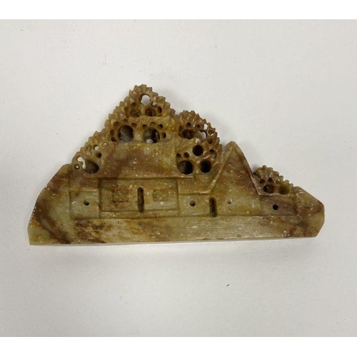 121 - Soapstone model of houses among trees, 4cm wide, 5cm long, an Oriental soapstone shaped as a horn on... 