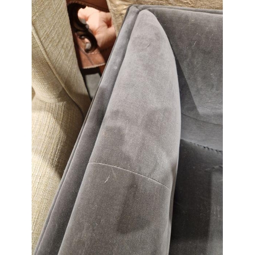 1215 - Contemporary three seat velvet upholstered sofa, grey in colour, raised upon turned feet, 74cm high ... 