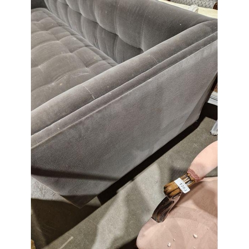 1215 - Contemporary three seat velvet upholstered sofa, grey in colour, raised upon turned feet, 74cm high ... 