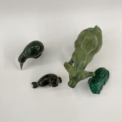 124 - Green hardstone model ox, 11cm long x 6cm high, malachite frog, green hardstone walrus, and green ha... 