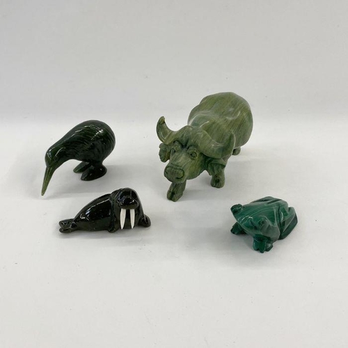 124 - Green hardstone model ox, 11cm long x 6cm high, malachite frog, green hardstone walrus, and green ha... 