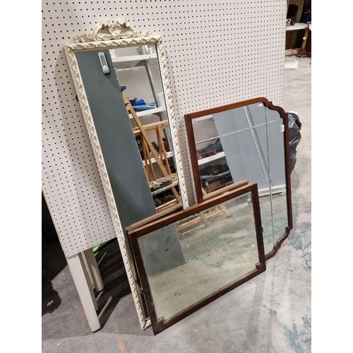 1257 - Three mirrors two having mahogany frames, another being a hall mirror with white painted framed, lar... 