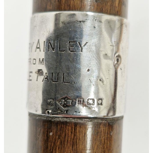 138 - Walking stick with silver band named to Henry Ainley, renowned Shakespearean thespian and film actor... 